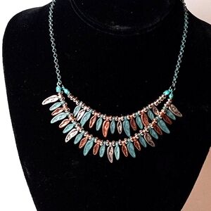 7" Silvertone Metal Chain with Silvertone, Goldtone and Blue Feather Necklace.